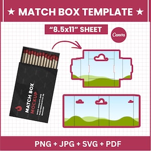 May include: A match box template design with a black matchbox mockup, a diagram of the matchbox, and a landscape design. The text includes "MATCH BOX TEMPLATE", "8.5x11" SHEET", and "MATCH BOX MOCKUP". The file formats are PNG, JPG, SVG, and PDF.