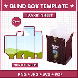 May include: A blind box template design with the text "BLIND BOX TEMPLATE" and "8.5x11" SHEET". The design includes a flat, unfolded box template and a 3D rendering of an assembled box with a question mark. The template is for a blind box.
