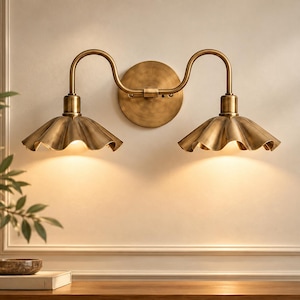 Handcrafted Brass Double Wall Sconce | 2-Light Bathroom Vanity Light | Vintage Scalloped Shade | Hardwired & Plug-In