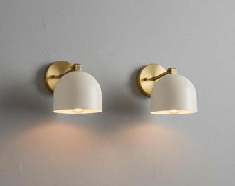 Mid Century Modern Brass Wall Sconce Set, White Dome Shade Bedside Lamp
