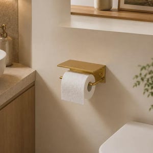 Könnte beinhalten: Ein wandmontierter Toilettenpapierhalter mit gebürstetem Gold-Finish und einer flachen, rechteckigen Ablage an der Oberseite. Der Halter verfügt über eine horizontale Stange, die eine Rolle weißes Toilettenpapier trägt und Stauraum bietet.