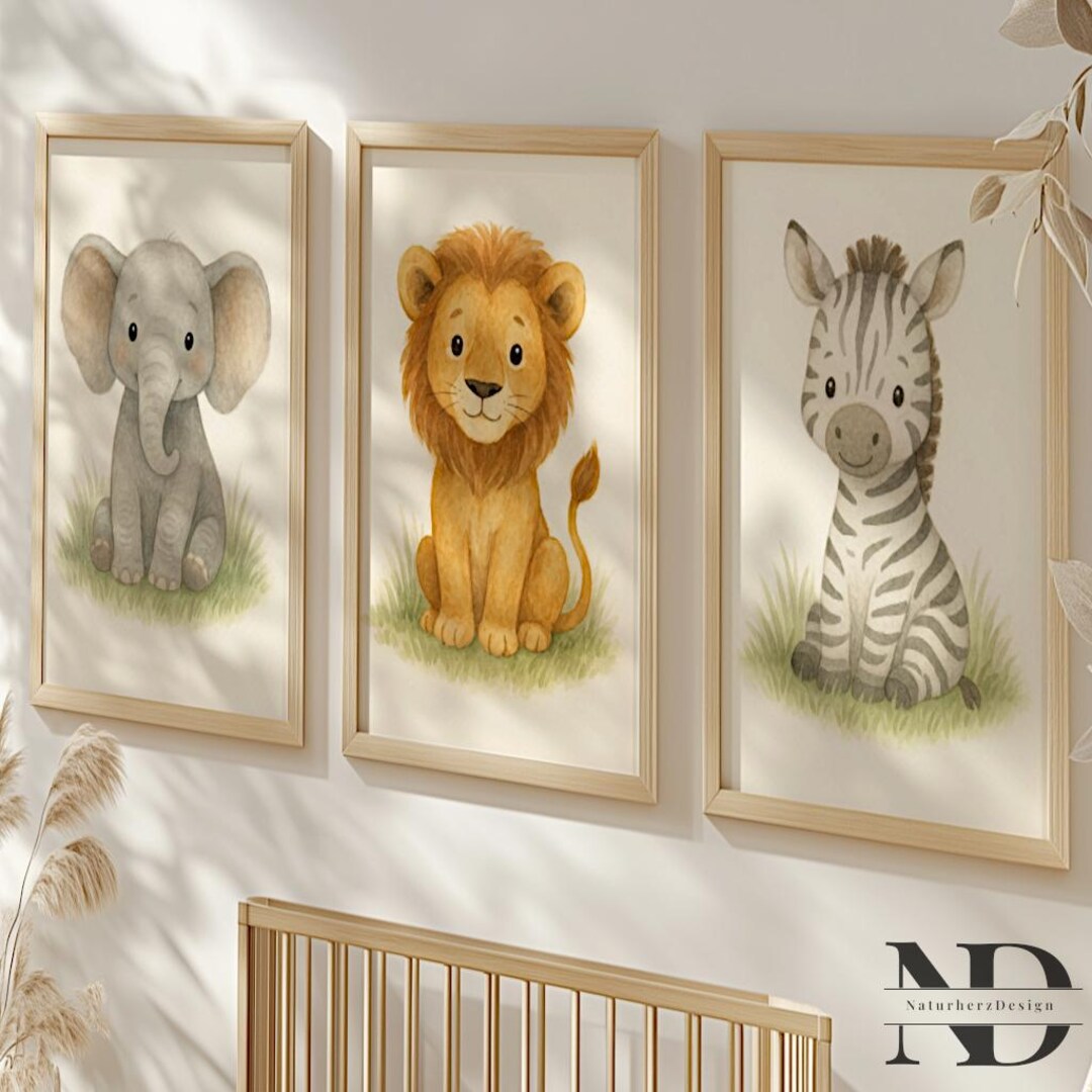 Safari Nursery Wall Art Set of 3 – Elephant Lion Zebra – Jungle Baby ...