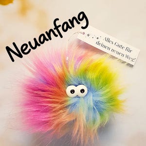 Könnte beinhalten: Ein runder, mehrfarbiger Kunstfell-Pompon mit zwei weißen Kunststoffaugen. Ein weißes, rechteckiges Etikett ist befestigt, das den Text "Neuanfang" und "Alles Gute für deinen neuen Weg!" sowie kleine aufgedruckte Sterne zeigt.