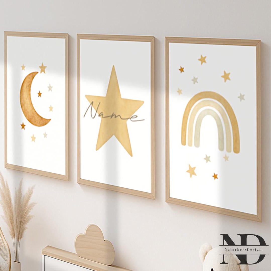 Personalized Children's Room Poster Set of 3 - Moon, Name, Rainbow ...