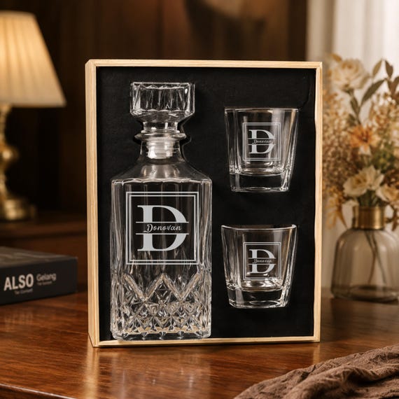 A fully personalized crystal decanter set with engraved glasses and a gift box — the kind of groomsman gift that actually gets kept instead of re-gifted.