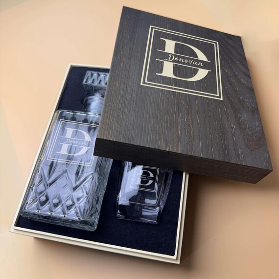 A fully personalized crystal decanter set with engraved glasses and a gift box — the kind of groomsman gift that actually gets kept instead of re-gifted.
