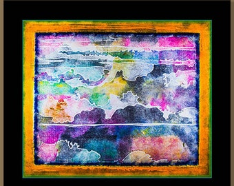 Abstract landscape painting. Art print from a monotype by Richard Arfsten. Modern contemporary colorful. Teal purple orange. SKY ON PLUTO