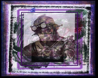 Abstract mixed media collage. Limited edition art print from Arfsten original. Modern steampunk portrait. TRAPPED IN TIME