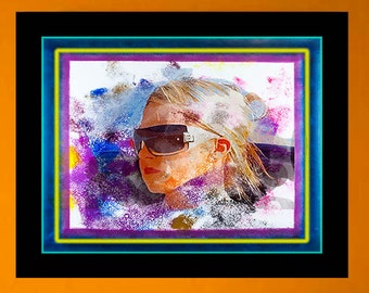 Contemporary abstract portrait painting. Limited edition art print from Arfsten mixed media collage monoprin. CALIFORNIA DREAMING