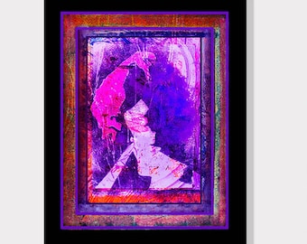 Abstract portrait painting. Reproduction art print from Arfsten mixed media monotype collage. Modern contemporary folk. MYSTERY WOMAN 2