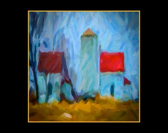 Rural farm barn painting reproduction paper print. Folk impressionist. Scenic farm landscape. Contemporary country decor. RED ROOF TWINS