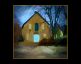 Quaint cottage house painting. Reproduction art print. Abstract folk impressionist. Landscape, contemporary country farmhouse. BROWN COTTAGE