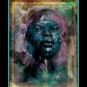May include: A digital painting of a man's face. The man has dark skin and is looking directly at the viewer. The painting is done in a style that is reminiscent of a portrait, but with a more abstract and textured feel. The background is a mix of colors, including green, blue, and brown.