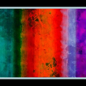 May include: Abstract painting with vertical stripes of teal, green, red, orange, purple, and blue. The colors are blended and have a watercolor effect.