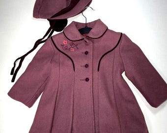 Vintage Rothschild Girl 3T Wool Dress Coat Hat Set Pink Purple ILGWU USA Winter