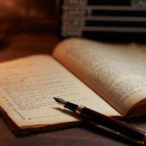 May include: An open book with aged pages and a fountain pen, illuminated by a candle. The pen lies on the pages, suggesting writing or reading. A clapperboard is in the background.