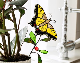 Maceta de mariposa de vitral, decoración amarilla para repisa de ventana, regalo de Navidad