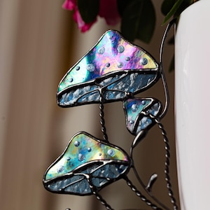 Stained Glass Mushroom Plant Stake, Toadstool Pot Decor, Whimsical Garden Art