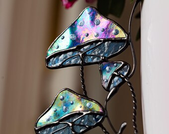 Stained Glass Mushroom Plant Stake, Toadstool Pot Decor, Whimsical Garden Art