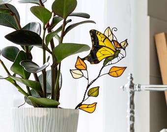 Yellow Stained Glass Butterfly Plant Stake, Garden Pot Decor, Christmas Gift for Mom or Grandma