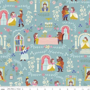 May include: A light blue fabric with a repeating pattern of fairytale characters, including a princess, a prince, and a beast. The design features floral elements, arches, and framed portraits. The fabric is 12 inches wide.
