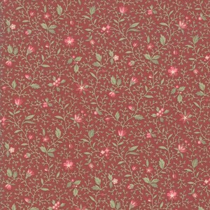 May include: A seamless pattern featuring a deep red background with a delicate floral design. The pattern includes pink flowers, green leaves, and thin, winding stems, creating a vintage, botanical aesthetic. The design is evenly distributed across the surface.