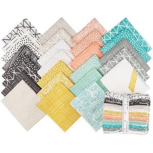 May include: A collection of assorted fabric squares in various colors and patterns. The squares feature geometric designs, including lines, dots, and triangles, in shades of gray, yellow, teal, and coral. The fabric squares are stacked together.