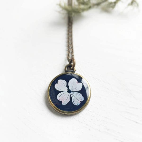 Dogwood Necklace, Illustrated Art Jewelry, Dogwood Bloom, Dogwood Flower, Black and White Necklace