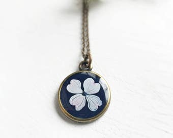 Dogwood Necklace, Illustrated Art Jewelry, Dogwood Bloom, Dogwood Flower, Black and White Necklace