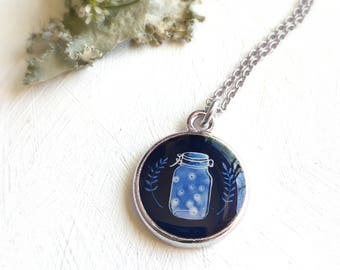 FIREFLIES In Jar Silver Necklace | Indigo Blue Mason Jar | Lightning Bug