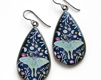 Luna Moth Large Teardrop Earrings, Made from an original painting, Floral pattern, colorful illustrated, unique luna jewelry