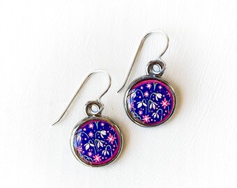 Snowdrop Flower Silver Earrings, January Birth Flower, Colorful Art Jewelry, Spring Flower Jewelry, Purple and Pink