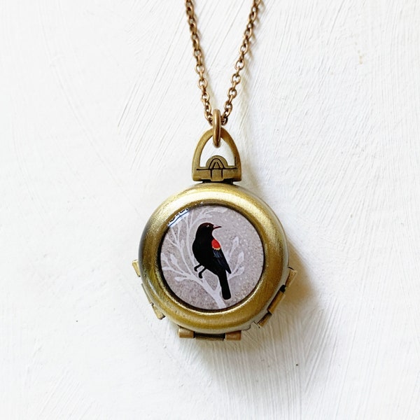 Red Winged Black Bird Jewelry, Black Bird Locket, Red Wing, Red Winged Black Bird