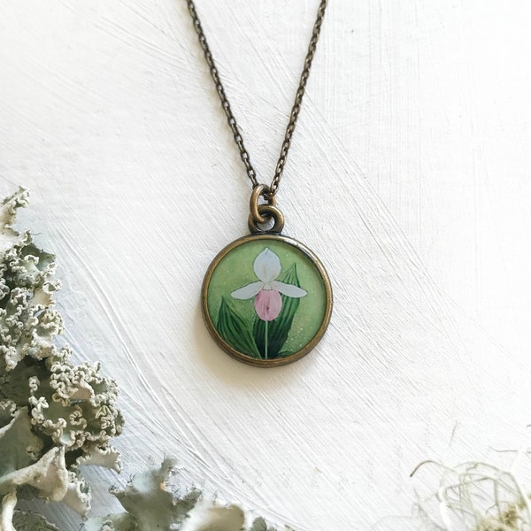 Lady Slipper Necklace, Pink lady slipper, floral art, Pink flower, Pink lady slipper painting