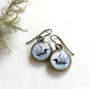 Loon art earrings, Bird earrings, Loon painting, Handmade,  Wearable art