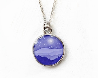 Moonlit Mountains, Mountains at Night Necklace, Full Moon, Nature Gift, Outdoor gifts, Purple pendant