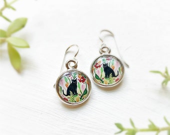 Cat in the Garden Art Earrings, Silver Black Cat Earrings, Black Kitty Jewelry, Kitty Earrings, Black Cat Gift, Gift for Cat Lover