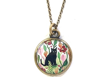Black Cat Art Print Necklace: Brass Oxide Finish