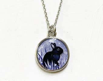 Rabbit Necklace, Silver Art Pendant, Black Bunny Gift, Rabbit Art