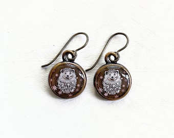 Hedgehog Earrings, Hedge hog, Bronze Hedgehog Jewelry, Cute Hedgehog