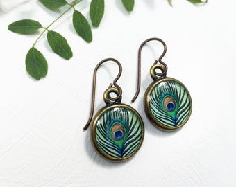 Peacock feather, Feather earrings, Peacock earrings, Feather print, Bird art