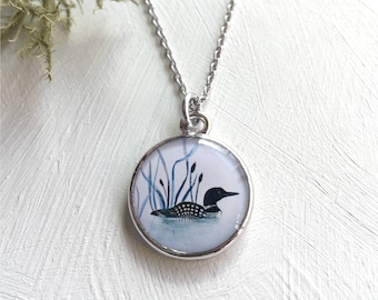 Loon Silver Necklace, Loon jewelry, Bird painting, Gift for a Bird Lover, Black and White necklace, Loons