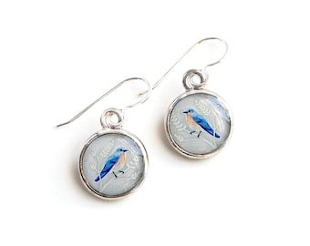Silver Bluebird Earrings: Miniature Painting, Sterling Silver Wires