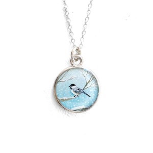 Chickadee, Chickadee Necklace, Bird Necklace, Winter Jewelry, Holiday Jewelry, Snowy Bird