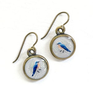 Handmade Painted Bluebird Earrings, Bird Watcher Gift, Birder, Bluebird of Happiness, Art Jewelry, Bronze Bird Earrings