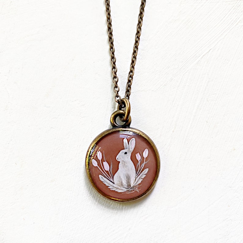 Bunny Rabbit Necklace, Illustrated Handmade Art Pendant, Rabbit lover gift, Easter Bunny necklace image 1