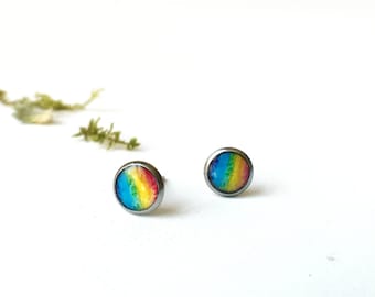 Rainbow Stud Earrings, Pride Month, LGBT Handmade Watercolor Rainbow Posts, Stainless Steel Hypoallergenic Studs