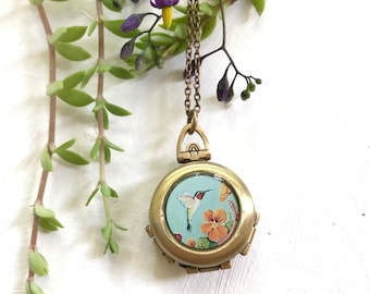 Hummingbird, Hummingbird Locket, Hummingbird Necklace, Ruby-throated Hummingbird, Blue Locket