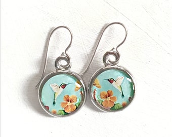 Hummingbird Earrings, Colorful Jewelry, Gift for Gardener, Blue and Orange, Gift for Mothers Day,  Garden Jewelry, Hummingbird Art