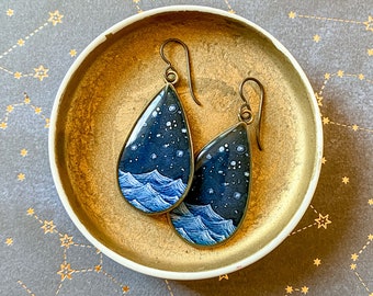 Große Ohrringe, Sternenklare Ozean Ohrringe, Nacht Meer, himmlische Wasser, Ozean Schmuck